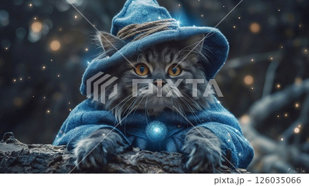 Portrait of a magical cat in a witch hat. Halloween concept. Portrait of a magical cat in a witch hat. Halloween concept. 126035066