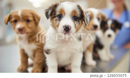 Puppies Gathered Together at a Veterinary Clinic Visit Puppies Gathered Together at a Veterinary Clinic Visit 126035075