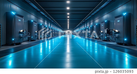 a fully automated cow barn with robotic feeding and cleaning systems working simultaneously, blank right side for text 126035093