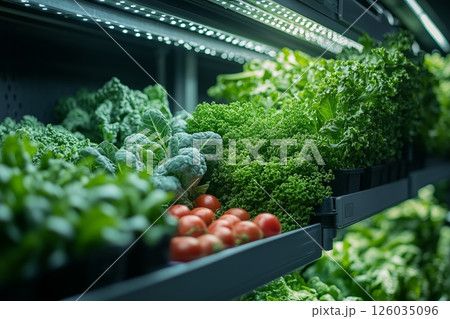 a futuristic vertical farm with automated systems growing vegetables in stacked layers, vibrant lighting emphasizing the greens and clean design 126035096