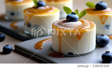 Elegant panna cotta servings topped with fresh blueberries and a sprinkle of brown sugar. Elegant panna cotta servings topped with fresh blueberries and a sprinkle of brown sugar. 126035100