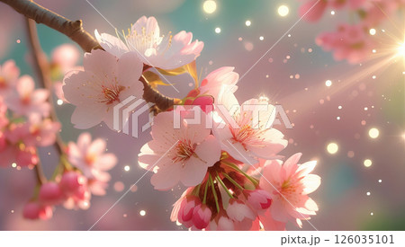A soft-focus image featuring cherry blossom flowers on a delicate branch, set against a dreamy, pastel-colored background. 126035101