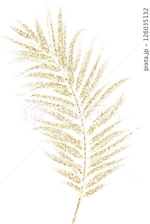 Golden glitter palm leaf illustration with delicate dotted texture. Elegant tropical foliage element for modern design, decoration, or luxury botanical themes. Golden glitter palm leaf illustration with delicate dotted texture. Elegant tropical foliage element for modern design, decoration, or luxury botanical themes. 126035132