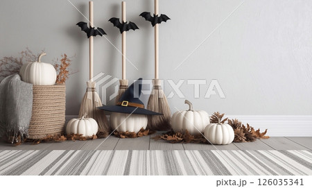 Decorate your living room for Halloween with witches' brooms, pumpkins and fall leaves. Decorate your living room for Halloween with witches' brooms, pumpkins and fall leaves. 126035341
