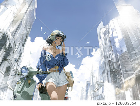 スクーターで買い物に来た若い女性のイラスト素材 126035354