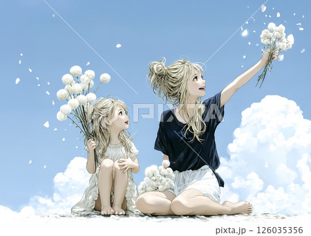 空を見上げる花束を持った親子のイラスト素材 126035356