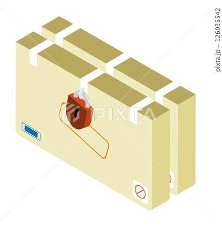 Isometric cardboard box containing documents and valuables, sealed with warning stamps and padlocked. Transportation of valuables in secret mode. Aerial view vector isolated on white background 126035542
