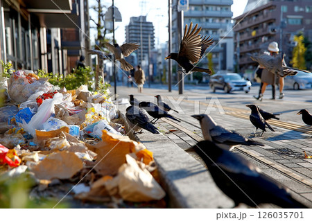 街中でゴミを荒らすカラスと増え続ける都市の環境問題 126035701