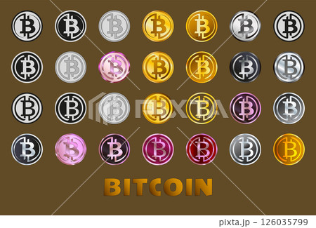 A set of Bitcoin logos in various metallic color palettes. Illustration. 126035799