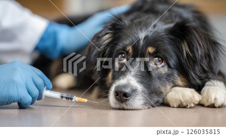 Veterinarian Administering Vaccine to a Dog During a Veterinary Visit 126035815