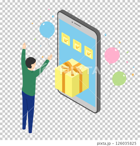 ログインボーナスに喜ぶ男性・アイソメトリック ログインボーナスに喜ぶ男性・アイソメトリック 126035825