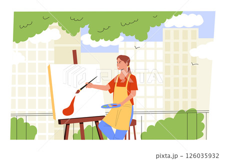 Woman painting on canvas with brush outdoors on city terrace. Creative moment urban art practice. Hobby, painting course. Flat vector illustration 126035932