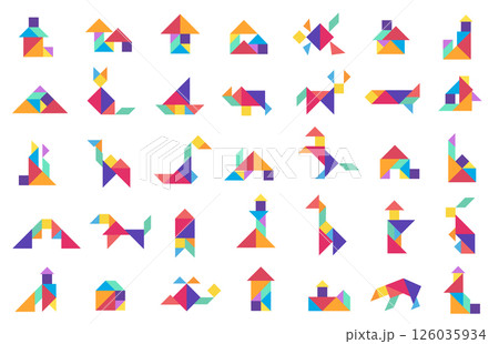 Colorful tangram puzzle shape collection of animals, houses, objects. Educational toy concept, logical brain game. Preschool, learning aid, app icon use. Flat graphic vector illustration. 126035934