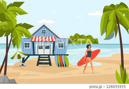 Woman walking with surfboard near tropical beach house on sand. Ocean adventure vibe. Surf school, travel ad for resort brochure use. Flat colorful vector illustration 126035935