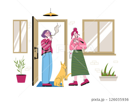 Two women standing outside house smoking cigarettes, dog sitting near entrance. Lifestyle casual social interaction. Health risk habit awareness topic. Flat vector illustration 126035936