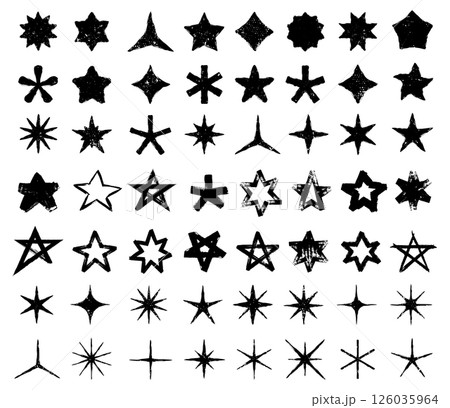 Hand drawn star icons with rough, inked textures and irregular edges. Large set stars. Retro graphic style vintage and artistic touch alternative design punk. Vector illustration 126035964