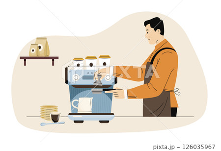Barista brewing coffee using espresso machine with milk jug, cups and coffee bags on shelf. Coffee preparation. Beverage lifestyle. Flat cartoon style vector illustration 126035967