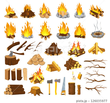 Collection of campfires, logs, branches, lumberjack tools axe, saw, matches and different piles of logs. For camping, fire safety and forest adventures. Flat cartoon style. Vector illustration 126035977