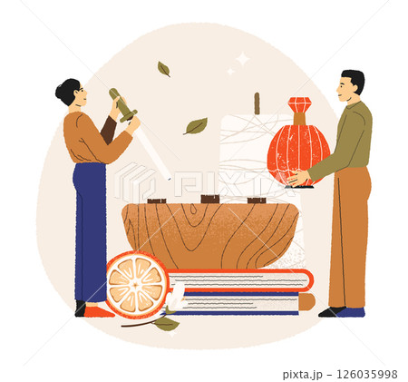 Two people perfumers preparing aromatherapy ritual with diffuser and oil bottle, citrus and incense. Wellness scent therapy, holistic care. Flat warm style. Vector illustration 126035998