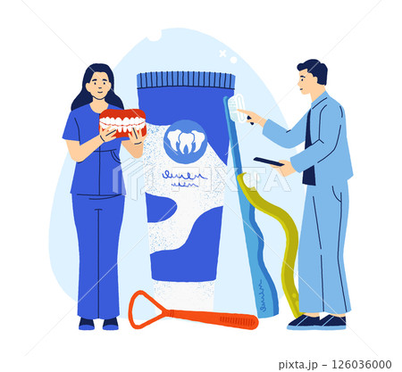 Dentist with big toothbrush and nurse holding tooth model. Oral hygiene promotion. Importance of daily oral care for healthy teeth and gums. Flat cartoon medical style. Vector illustration Dentist with big toothbrush and nurse holding tooth model. Oral hygiene promotion. Importance of daily oral care for healthy teeth and gums. Flat cartoon medical style. Vector illustration 126036000