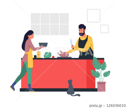 Man and woman wearing aprons while preparing delicious chicken and vegetable dish in modern kitchen. Domestic kitchen scene. Flat clean graphic style. Vector illustration 126036010