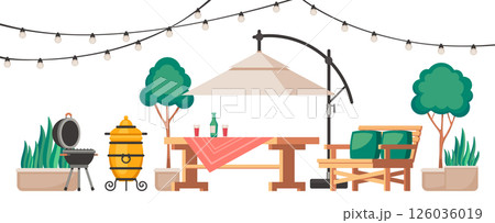 Backyard patio furniture with barbecue grill, outdoor table and chairs, drinks, trees in pots and string lights . Summer leisure picnic scene. Flat cartoon style vector illustration 126036019