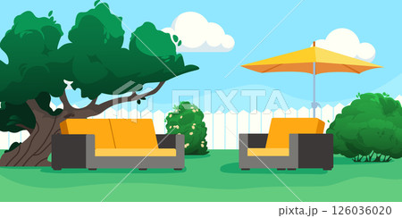 Backyard patio with sofa, yellow umbrella and green trees against blue sky with clouds. Modern garden furniture in seating area. Flat vector illustration 126036020