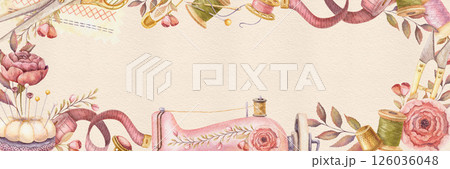 Sewing tools watercolor banner with copy space. Hand drawn vintage floral template with measuring tape and sewing machine. Perfect for tailor shop or atelier advertising background and web design. 126036048
