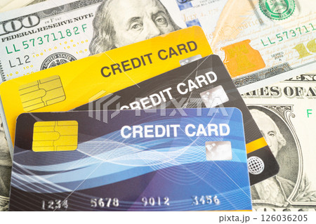 Credit card on US dollar banknotes, finance economy trading shopping online business. 126036205