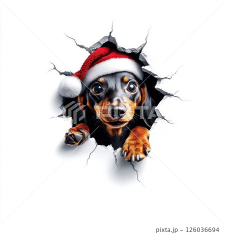 Dachshund Dog in Santa Hat Peeking Through Wall 126036694