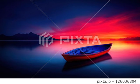 Red Boat on a Vibrant Sunset Lake 126036804