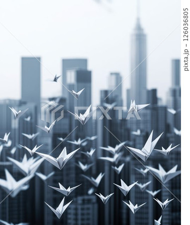 Surreal Scene of Flying Origami Birds Over Modern City 126036805