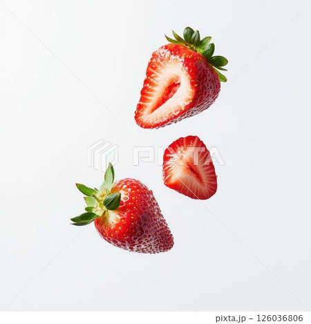 Floating Fresh Strawberries on White Background 126036806
