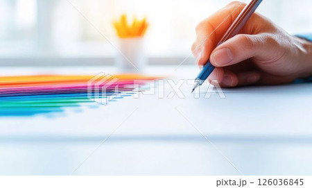 Designer Hand Writing with Ink Pen on Paper with Color Swatches 126036845