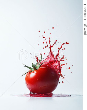 Fresh Tomato with Juice Splash on White Background 126036891