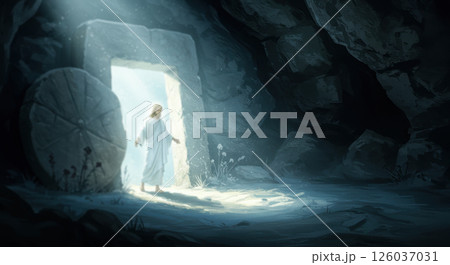 Jesus Christ in white robe emerges from a stone tomb, bathed in light. Symbol of resurrection, hope, faith, and new beginnings in dark cave. 126037031