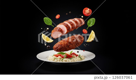 Grilled pork tenderloin served with couscous, tomato, basil, spinach, lemon and peppercorns, presented against a dark backdrop. Food still life concept. Grilled pork tenderloin served with couscous, tomato, basil, spinach, lemon and peppercorns, presented against a dark backdrop. Food still life concept. 126037061