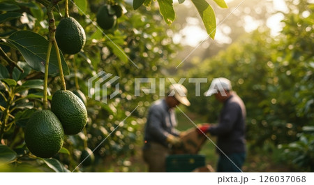 Avocado fruits hanging on tree at farm with farmers harvesting. Agriculture industry, healthy food, harvest and local market concepts. Avocado fruits hanging on tree at farm with farmers harvesting. Agriculture industry, healthy food, harvest and local market concepts. 126037068