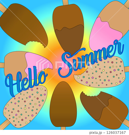 Greeting card illustration with a scene of ice cream frame on wooden stick, whole and with bite marks on gradient background. Hello Summer inscription. For holiday, food banner, summertime design. Greeting card illustration with a scene of ice cream frame on wooden stick, whole and with bite marks on gradient background. Hello Summer inscription. For holiday, food banner, summertime design. 126037167
