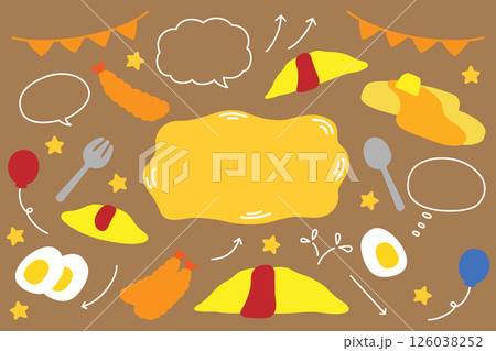 吹き出しとオムライスやエビフライの食べ物セット 126038252