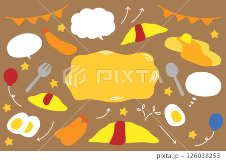 吹き出しとオムライスやエビフライの食べ物セット 吹き出しとオムライスやエビフライの食べ物セット 126038253