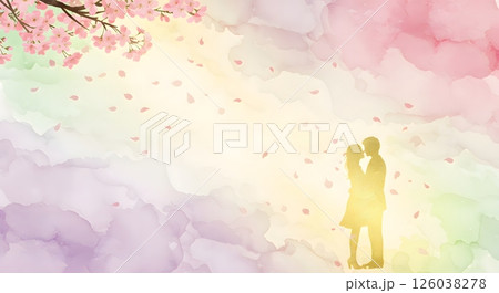 Romantic Couple Silhouette Under Cherry Blossoms on Pastel Watercolor Background 126038278