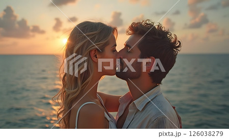 Romantic Sunset Kiss Between European Couple by the Ocean 126038279