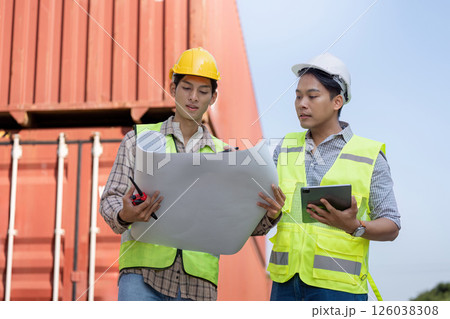 Engineers reviewing blueprints for logistics and container management in import and export 126038308