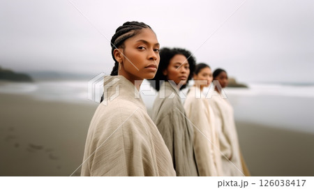 Natural fashion portrait with diverse women in cotton and linen clothing. Earth tones, beach setting, and calm atmosphere highlight eco-friendly style, confidence, and timeless beauty. Natural fashion portrait with diverse women in cotton and linen clothing. Earth tones, beach setting, and calm atmosphere highlight eco-friendly style, confidence, and timeless beauty. 126038417