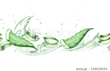 Hand-drawn illustration of aloe vera leaves with water splashes, seamless border, ideal for natural beauty and wellness designs. 126038434