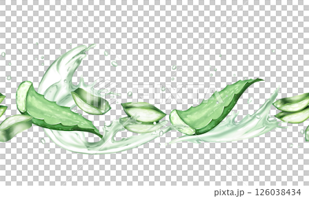 Hand-drawn illustration of aloe vera leaves with water splashes, seamless border, ideal for natural beauty and wellness designs. 126038434