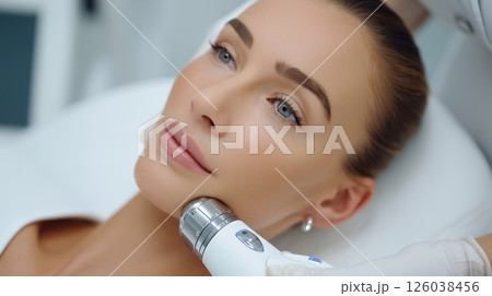 Woman receiving professional facial treatment in clinic. Skincare, beauty technology, anti-aging procedure and modern cosmetology for smooth, healthy and youthful skin. 126038456