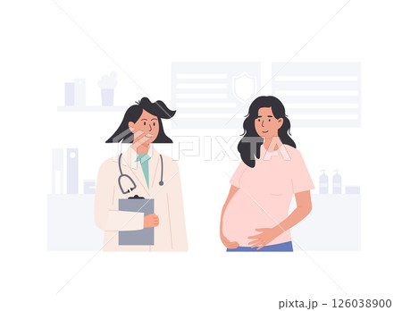 Pregnant woman attending routine antenatal consultation with female doctor in clinic setting. Maternal health check and pregnancy follow-up concept. Flat Style Vector Illustration. Pregnant woman attending routine antenatal consultation with female doctor in clinic setting. Maternal health check and pregnancy follow-up concept. Flat Style Vector Illustration. 126038900