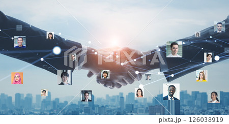 握手するビジネスパーソンのグループと多国籍の人々のネットワーク 126038919